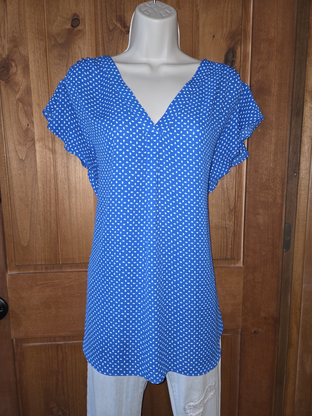 Chaus Blue Abstract Dot V-Neck Flutter Sleeve Blouse